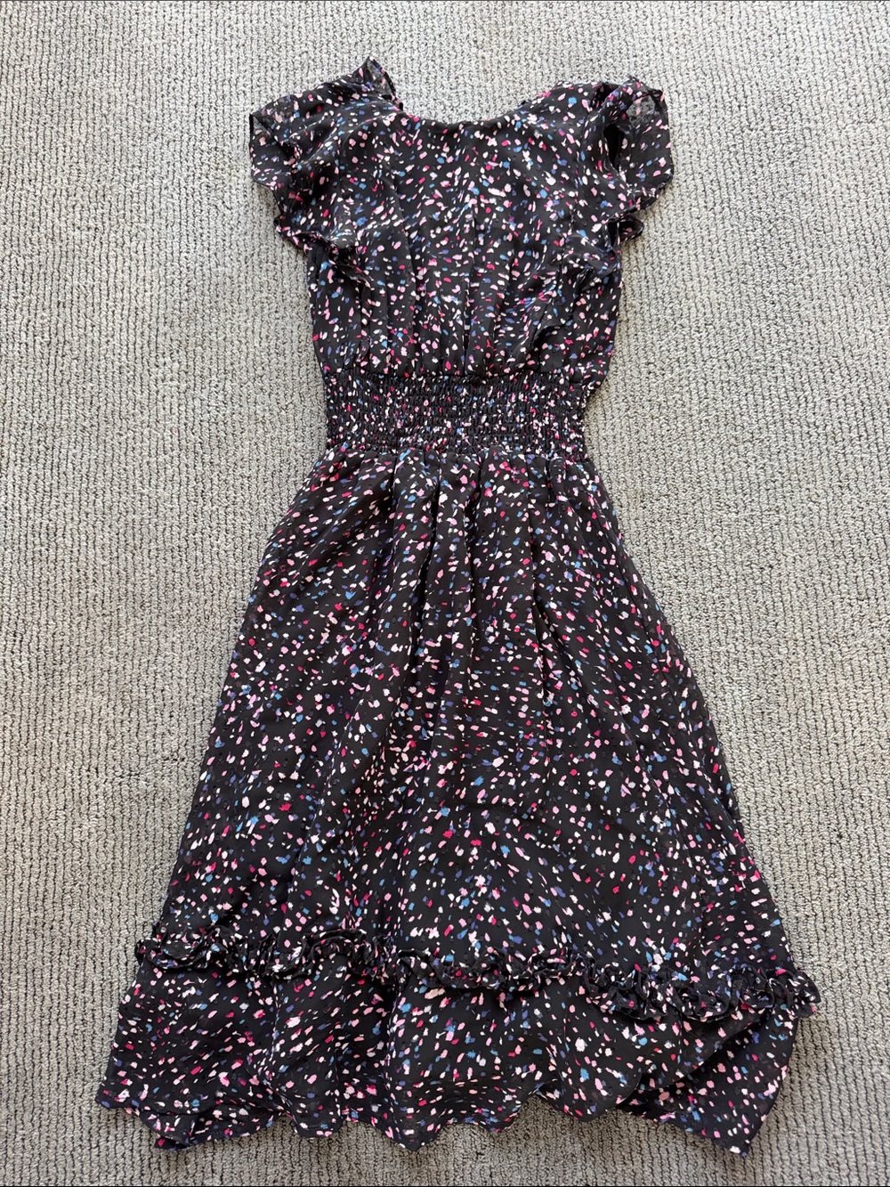 Aqua Black Midi Dress with Pink, White and Blue Confetti Print